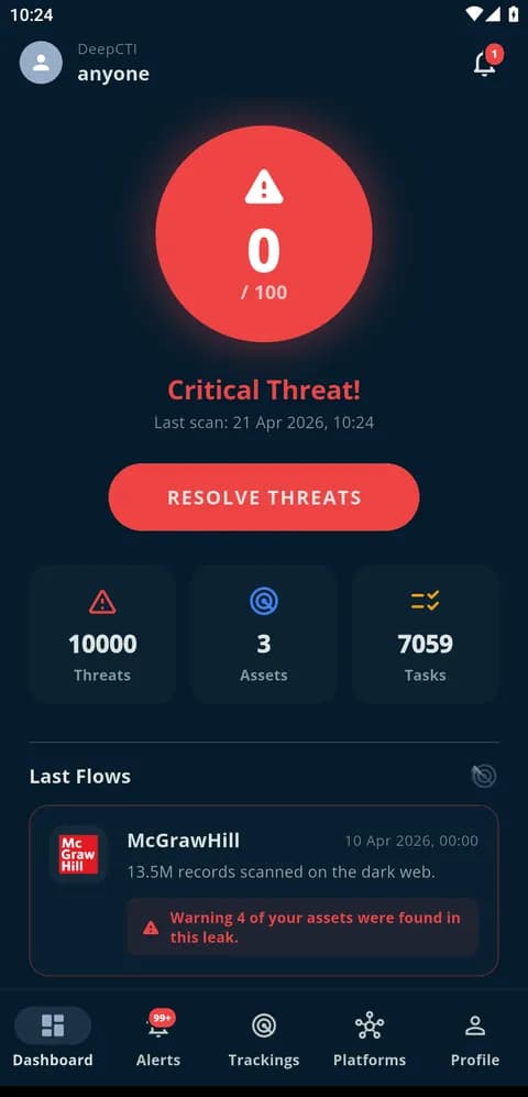 DeepCTI mobil uygulama — tehdit skoru ekranı